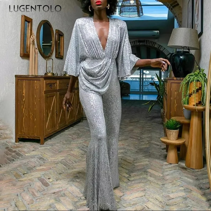 Women's Sequin Jumpsuit Sexy Deep V Backless Lady Elegant Fashion Half Sleeve Wide-leg Trousers Party Jumpsuits 261015