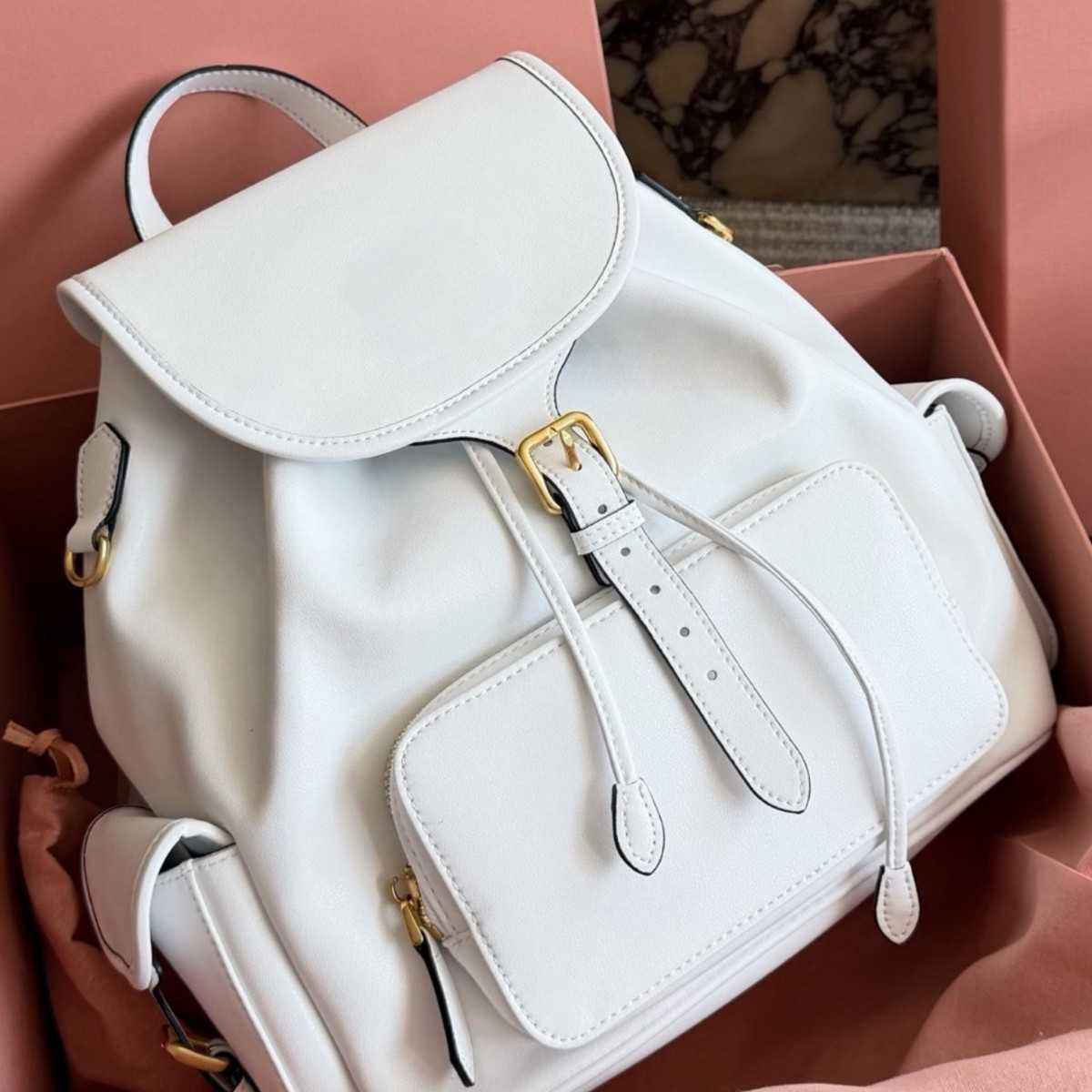 Womens Designer White Leather Backpack Front Flap Pocket Drawstring Closure Casual Travel Rucksack