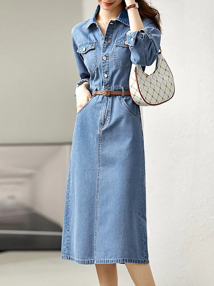 SENTUBILA Women's Classic Blue Denim Shirt Midi Dress 2026 spring Pointed Collar with Belt Casual Aline W23L42925 261015
