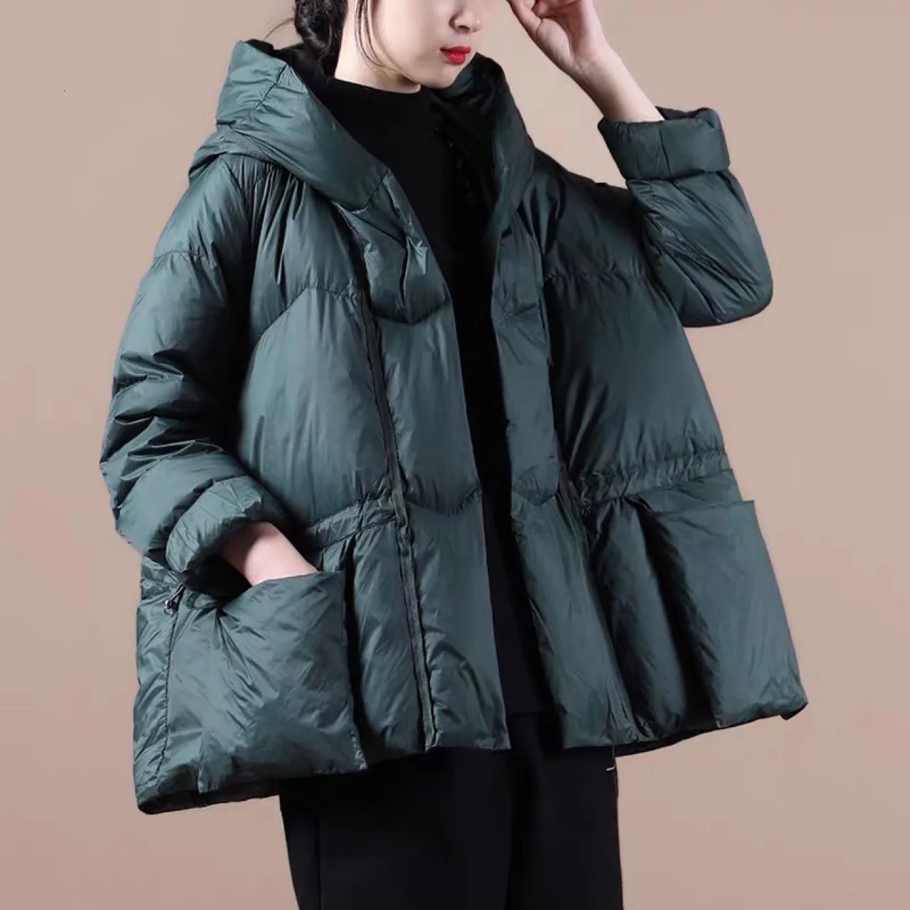 Loose Pocket Drawstring Short Duck Down Jacket Casual Winter Womens Zipper Hooded Solid Outerwear 261014