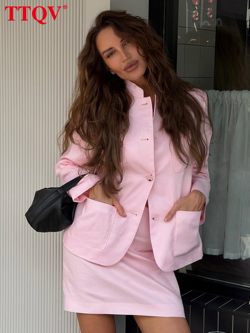 2026 Fashion Loose Pink Cotton 2 Piece Sets Women 2027 Elegant Long Sleeve Shirt With High Waist Mini Skirt Set Female Clothing