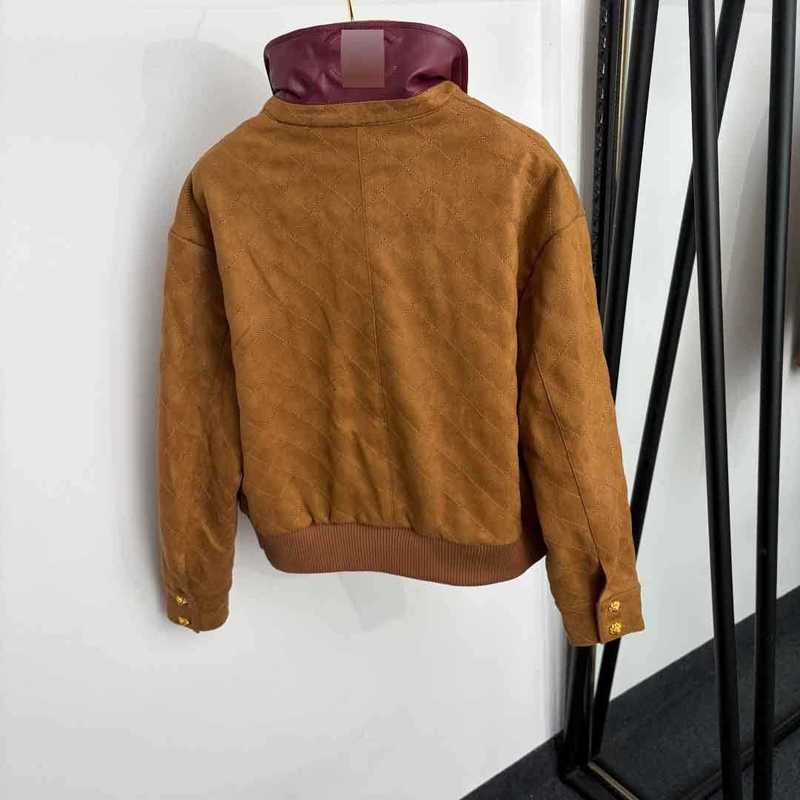 Women's Jackets Designer red PU leather collar, diamond-patterned stitching, and Maillard-effect suede jacket