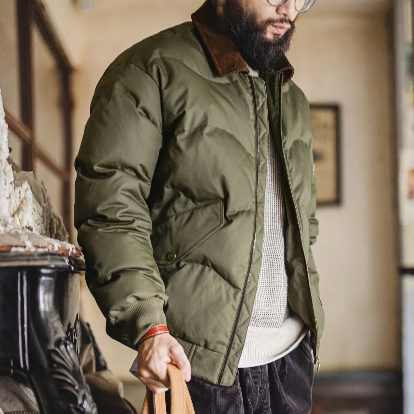 Maden Vintage Men's CWU-45P Bomber Jacket Corduroy Collar Cotton Padded Flight Coat Short Thermal Quilted Jacket for Winter 261015