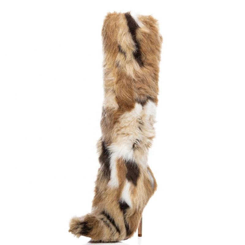 2025 New High Heel Furry Boots High Tube Stiletto Furry Boots Long Boots Pointed Toe Color Block Long Furry Women's Boots