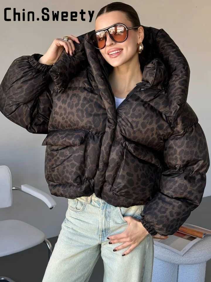 Women's Down Parkas Women's Leopard Print Hooded Cotton Padded Jackets Stand Collar Zipper Short Puffy Coats 2026 Winter Lady Street Warm