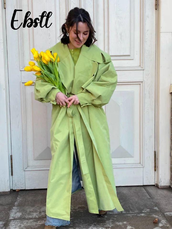 2026 Spring Green Belted Windbreakers Women's Loose Lapel Lace-up Button Full Sleeve Trench Coat Ladies High Street Outwear 261015