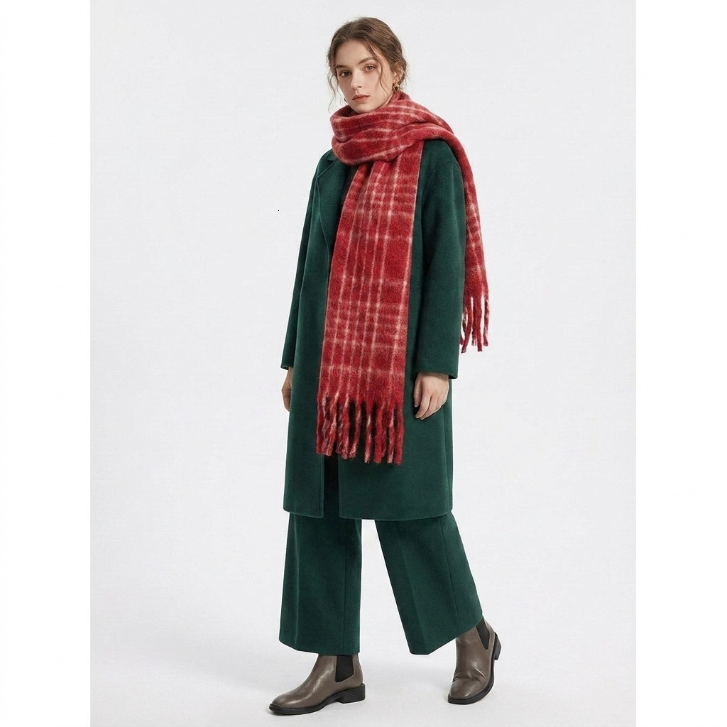Korean-Style Wool Blend Retro Red Plaid Scarf Women, Soft Thickened For Autumn And Winter, Versatile As A Shawl Or Neck Warmer, Trendy Design Laotie