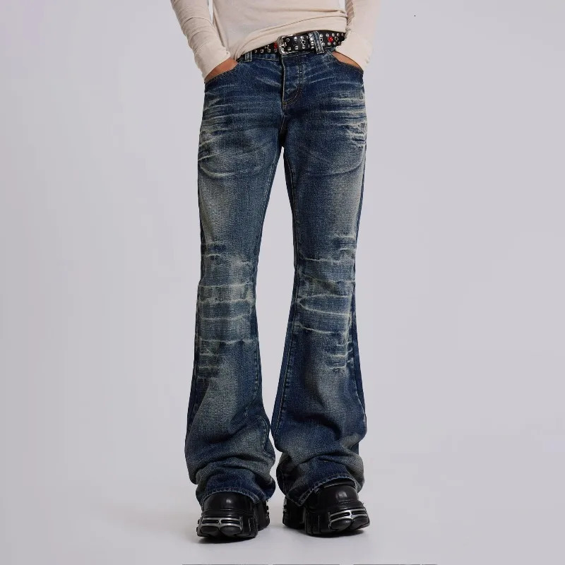 Y2K Vintage Flared Jeans Mid Blue Washed Men Women Bootcut American Hip Hop Distressed Streetwear Unisex Wide Leg Pants 261016