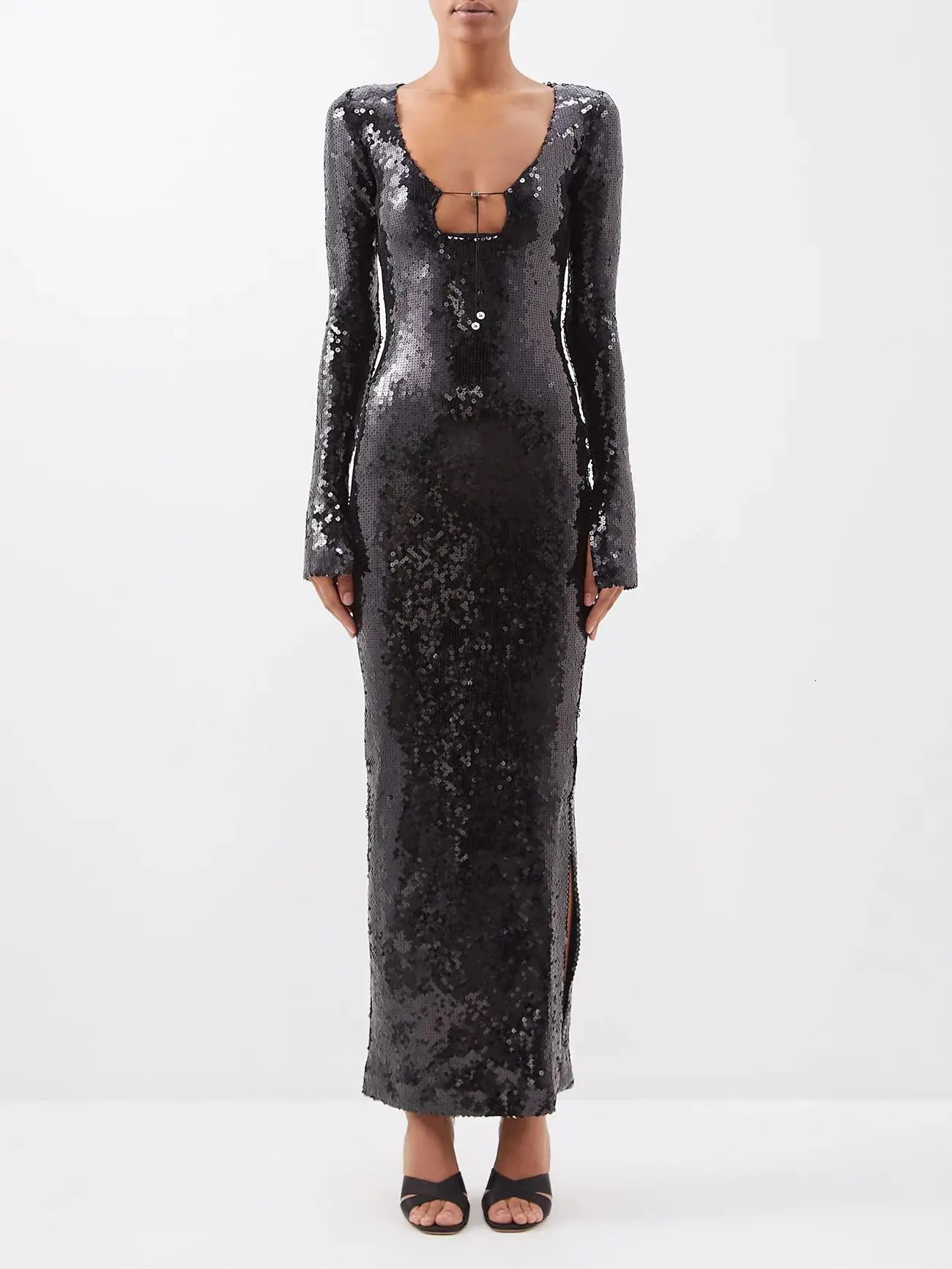 Sexy In V-Neck Sequins Split Flare Sleeve Ankle Length Maxi Dress for Women Elegant Evening Party Club Long Dress 261016