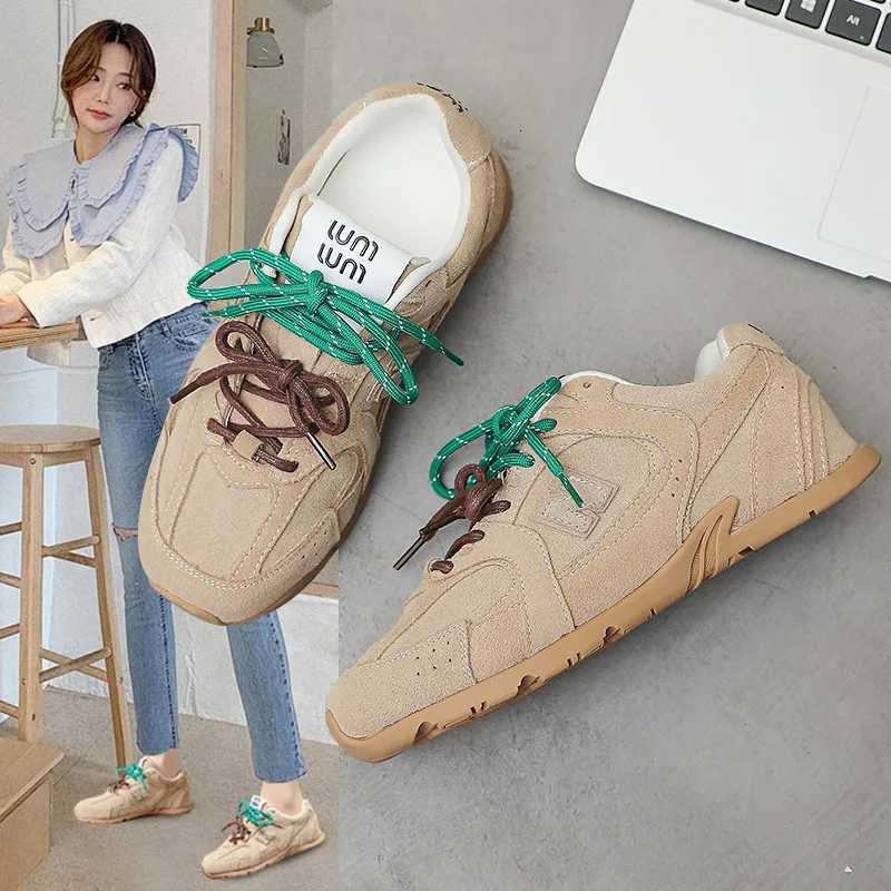 Casual Shoes Beige Casual Sneakers For Women Suede Upper With Double Green And Brown Laces Round Toe Comfortable Flat Sole Versatile H261016
