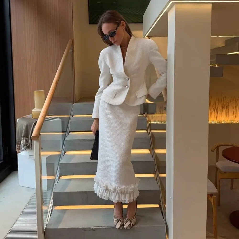 Women V Neck Slim Fit White Skirt Suit 2 Piece Set Elegant Office Business Outfit Ladies Pieces Suit 261016
