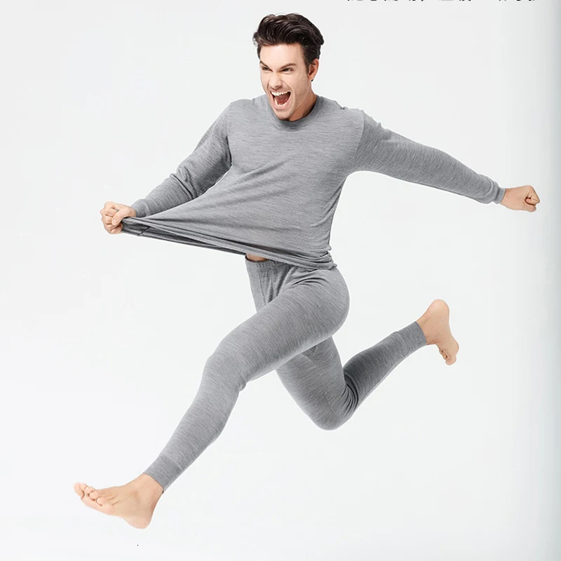 Men 100% Merino Wool Winter 250gsm Thickness Thermal Warm Underwear Set Breathable Tops Pants Set 261015