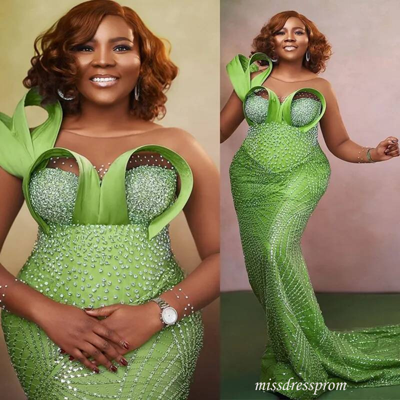 Plus Size Bright Green Mermaid Prom Dress Evening Dresses Flora Sheer Neck Sparkling Illusion Beaded Lace Crystal Birthday Second Reception Gown Am1