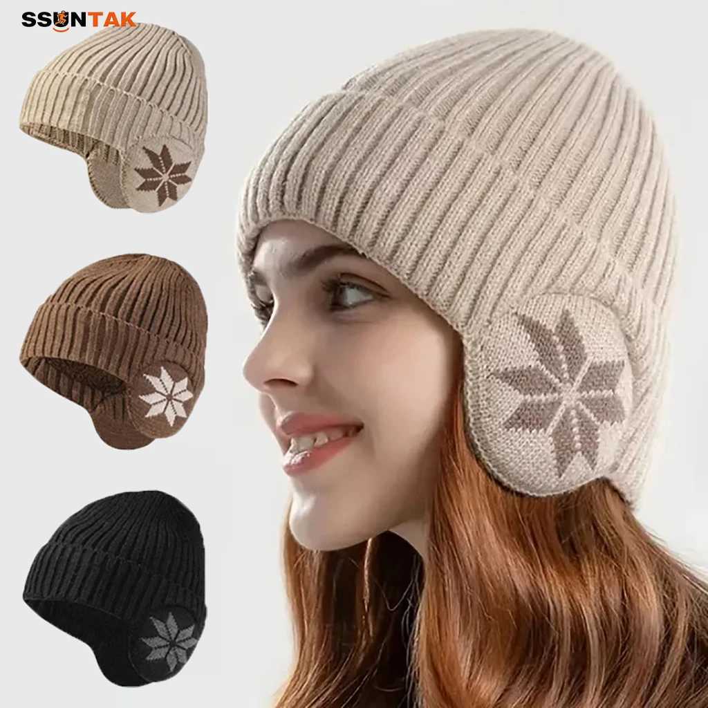 SSUNTAK Men Women Winter Snowflake Knitted Beanie Hat Flee Lined Earflap Warm Cap Outdoor Cycling Windproof Casual Skull Caps S261017N38G