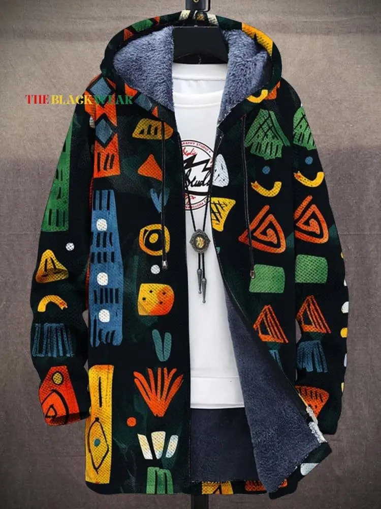 African Art Abstract Tribal Patterns Unisex Plush Thick Long-Sleeved Sweater Cardigan Coat Men's Thick Warm Jacket 261015
