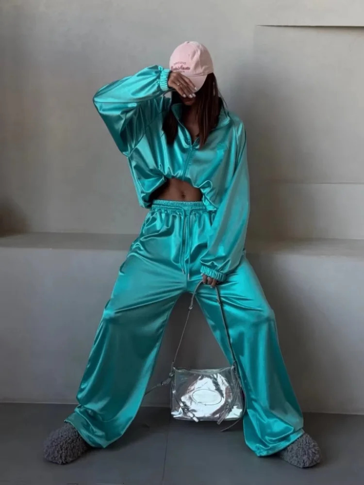 Women Satin Shiny Two Piece Set Long Sleeve Zipper Crop Coat High-waisted Drawstring Wide Leg Pants 2026 Spring Chic Casual Suit 261013