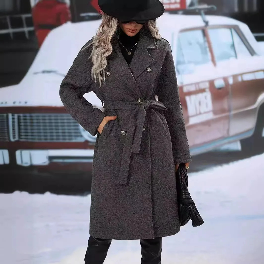 Women Wool Blend Coat Long Winter Overcoat Belted Double Breasted Warm Multi-color For Commute Dating Winter Essential 261016