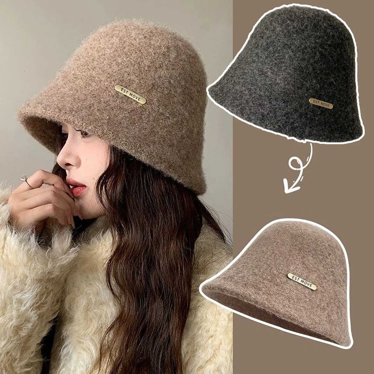 Beanie/Skull Caps Winter Wool Bucket Hat for Women Solid Color Windproof Fisherman Cap Girls Outdoor Warm Knitted Panama Hats Q261017
