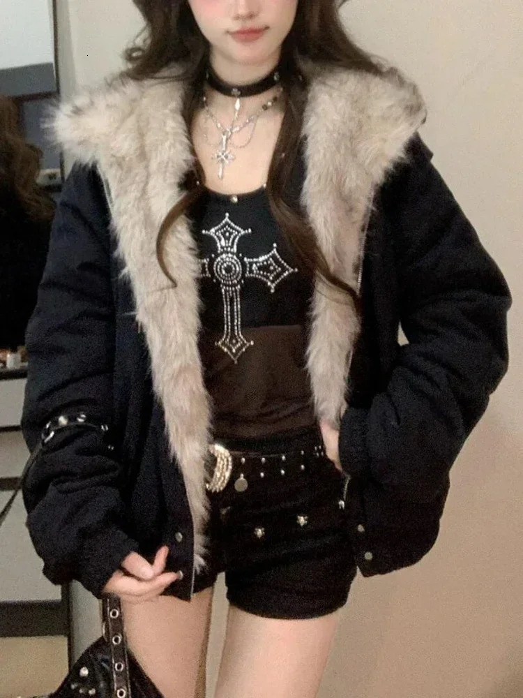 Winter Elegant Liner Fur Loose Coat Women Y2k Fur Collar Hood Thick Fashion Parkas Casual Outerwear Cotton Padded Jackets 261016