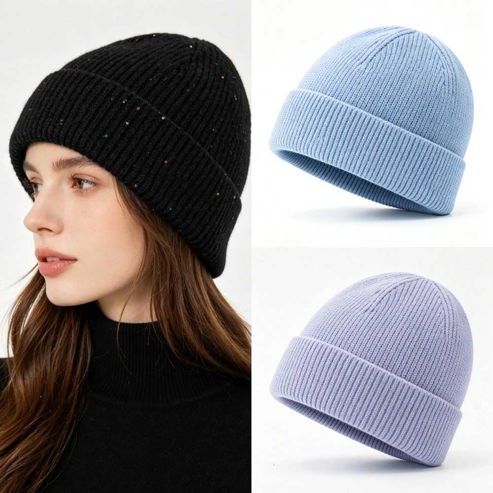 Beanie/Skull Caps Womens Cuffed Ribbed Knit Beanie Hat Speckled Glitter Decorative Winter Hat Elegant StreetStyle Fall Winter CapT261017