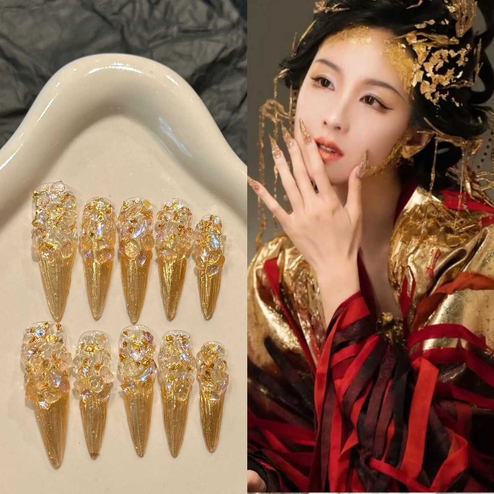 False Nails 10pcs Glossy Gold Long Stiletto Prerss On Nail Handmade Luxury Full Flash Diamond Decor False Nails Retro Court Fake Nail Tips Q261017