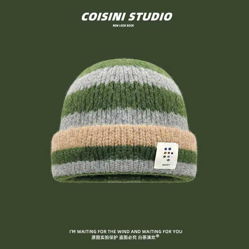 Beanie/Skull Caps Women Color Block Stripe Knit Beanie with Fabric Tag Winter Warm Soft Fuzzy Ribbed Cuffed Multicolor Casual Streetwear Skull CapT2
