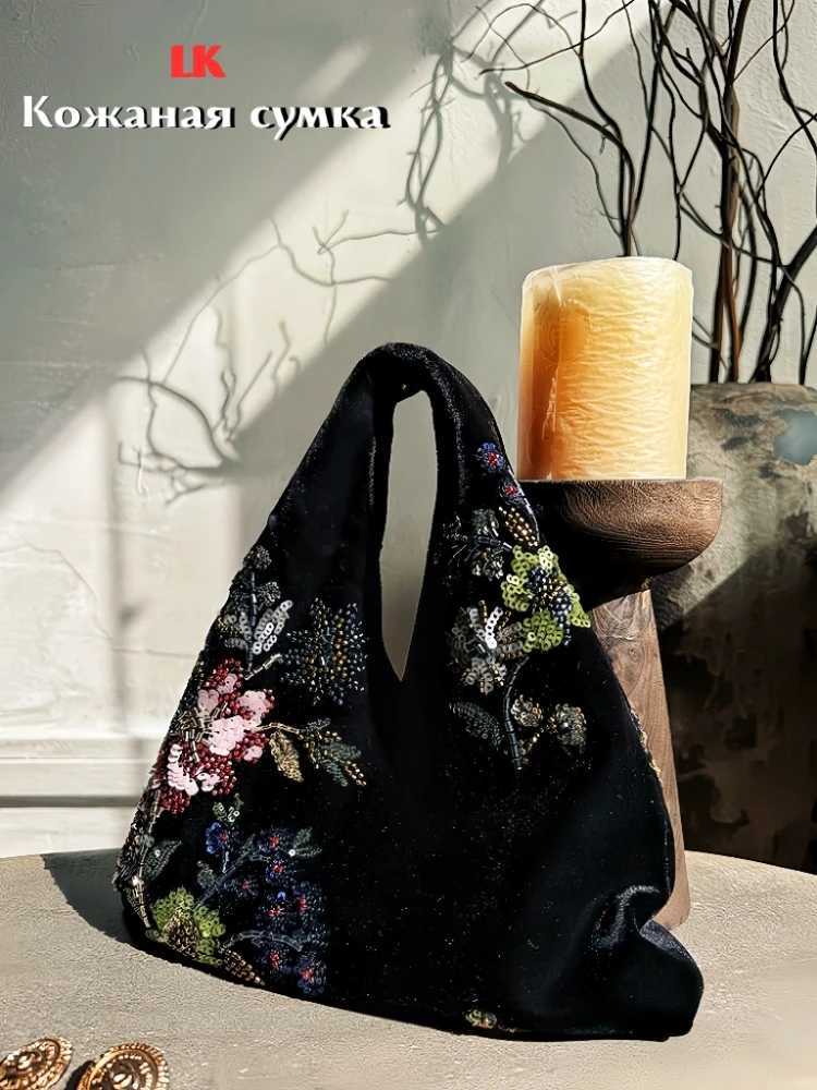 Evening Bags New Velvet Hobo Bag Women 2026 Spring Embroidered Floral Beaded Sequins Clutch Handbag Purse H261016