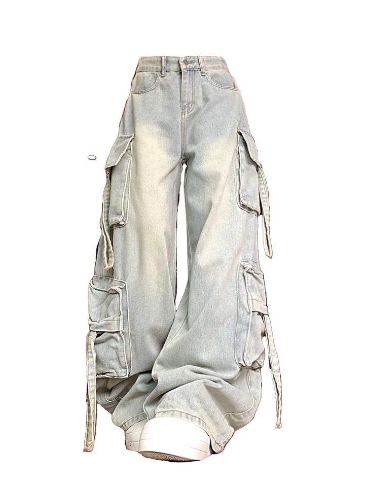 Women's Blue Multi Pocket Cowboy Pants Cargo Y2K Japanese Harajuku Streetwear Aesthetics Retro 90S Jeans Pants Clothing 261016