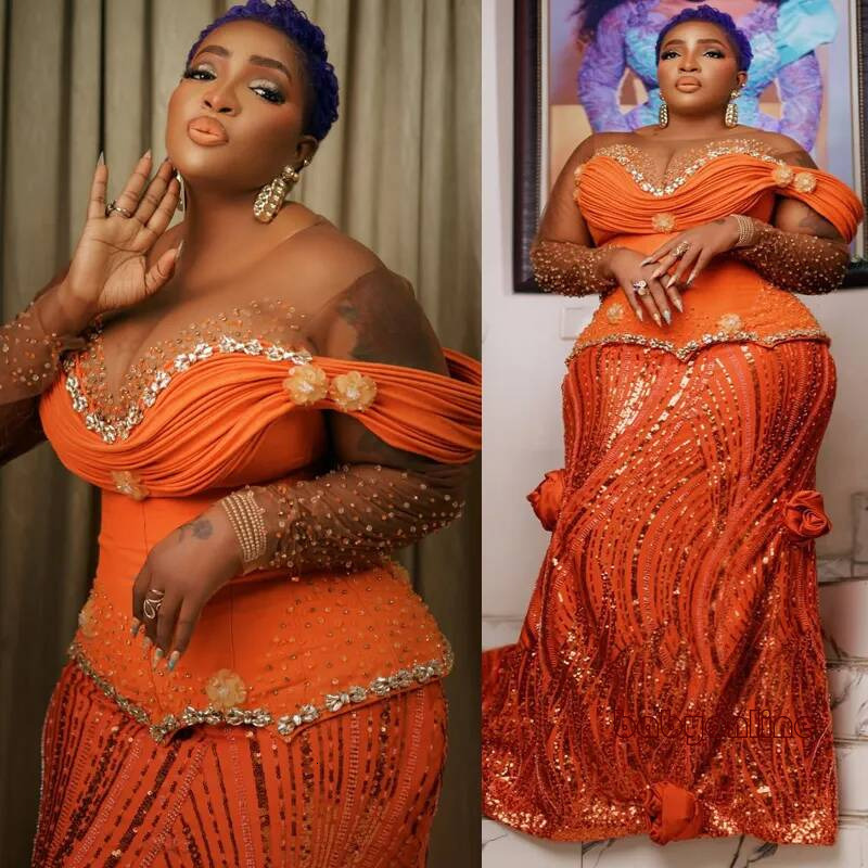 Plus Size Orange Prom Evening Dresses Sheer Neck Crystal Beaded Sequined Lace Formal For Nigeria Black Women Birthday Gowns Am3159