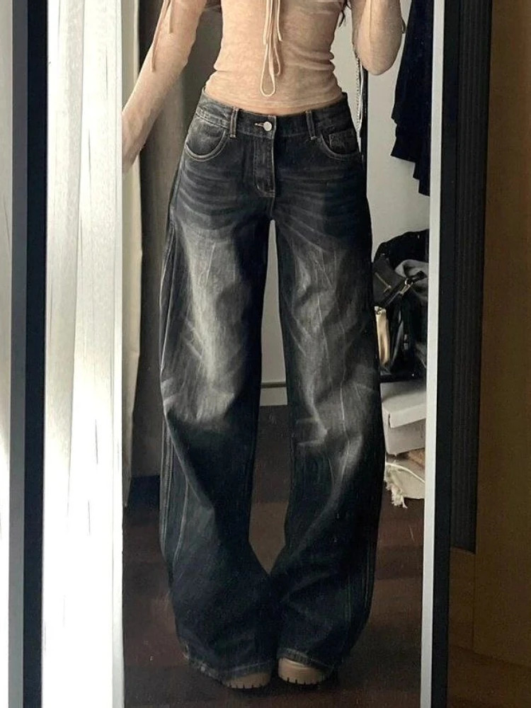 Autumn Winter Women's Black Denim Pants Low Rise Y2K Baggy Jean Japanese Dark Academia Cowboy Harajuku Grunge Stacked Jeans 261015