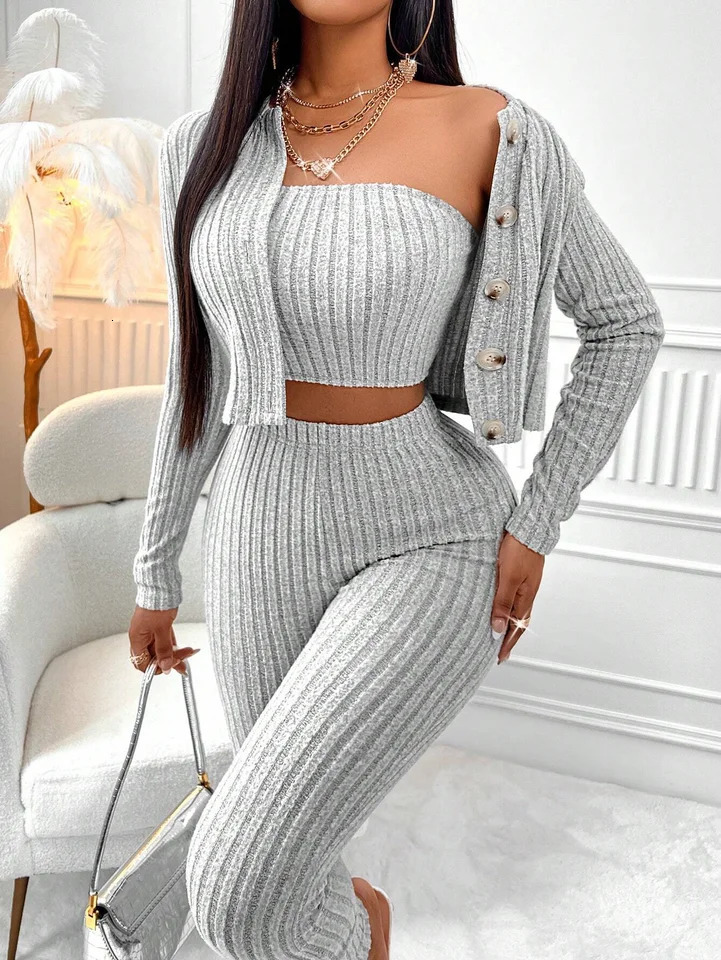 3-Piece Set of Solid Color Camisole Front-Button Jacket and Leggings 261016