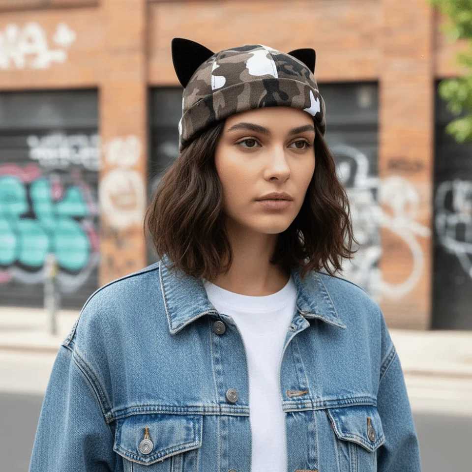 Beanie/Skull Caps Fashion Brimless Skull Cap Adjustable Rolled Cuff Beanie Hat Black Cat Ears Docker Cap UnisexT261017