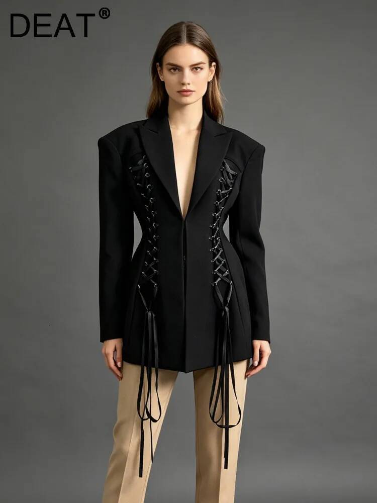 DEAT Fashion Double Side Drawstring Blazer Women's Lapel Long Sleeve Covered Buckle Black Suit Jacket Sumemr New 7A3965