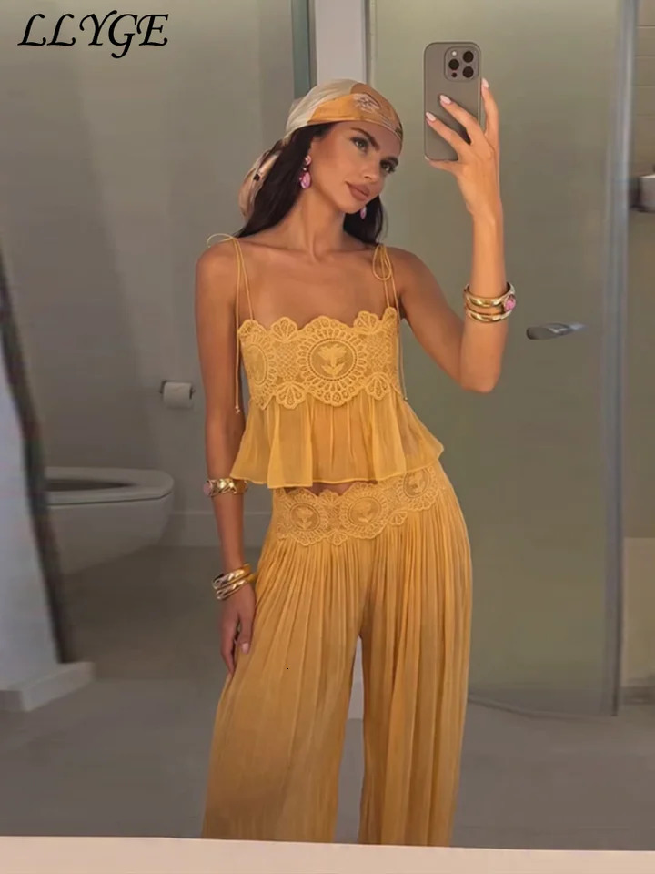 Beach Floral Lace Hollow Out Women's Pants Sets Ruffles Spaghetti Strap Crop Tops Loose Pleated Lantern Pant 2026 Summer Suits 261012