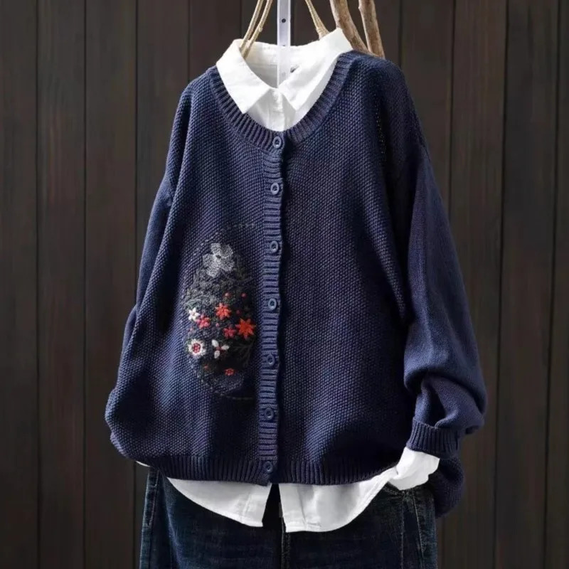 Johnature Women Vintage Embroidery Floral Sweaters O-Neck Long Sleeve Solid Color Button Knitted Cotton Autumn Sweaters 261015