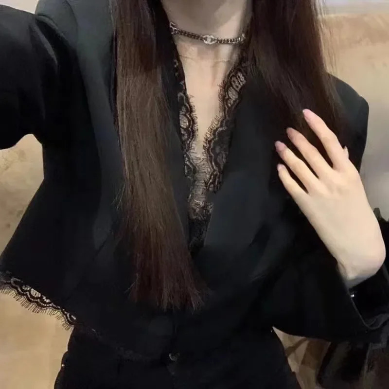 Women's Black Cropped Blazer Lace Trim V Neck Long Sleeve Elegant Jacket 261016