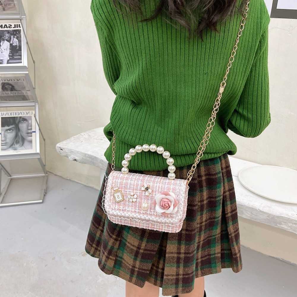 Fashion Flower Decoration Small Square Bag Pearl Handle Korean Style Crossbody Bags Mini Shoulder Bag Children L261017VCWA