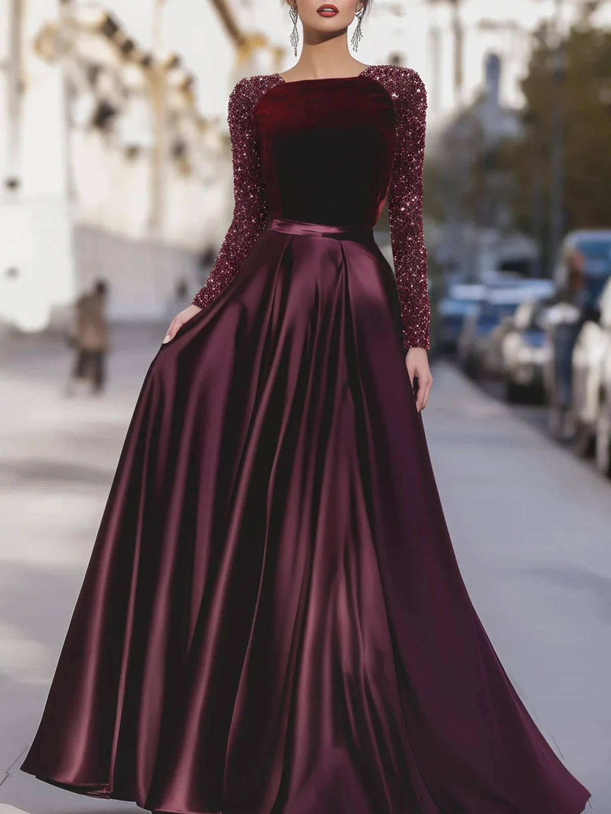 Women's Elegant Velvet Sequin Sleeve Gown with Satin Skirt Formal Evening Maxi Dress for Party Prom Wedding Guest 261015