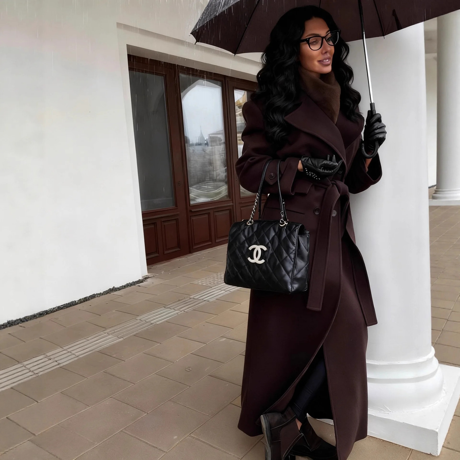 CRKJ Winter Vintage Large Lapel Long Coat Women Elegant Loose Double Breasted Belt Coats Lady Classic Chic Street Overcoat 261016