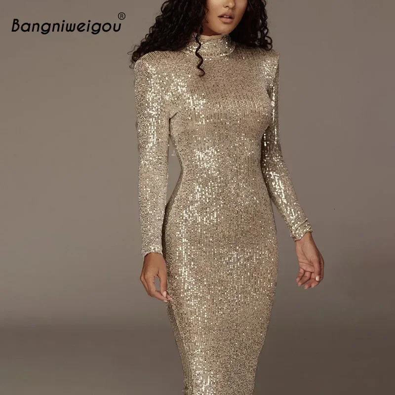 Bangniweigou Elegant Long Sleeved Silver Dress for Women Fall Winter Sequin Bodycon Wear To Work Office Lady Party Night Sheath 261016