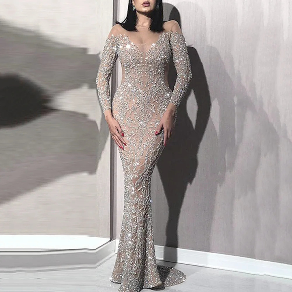Women ious Sequins Evening Dress Sexy See-through Crew Neck Long Sleeve Slim High Waist Maxi Party Club Cocktail Dresses 261016
