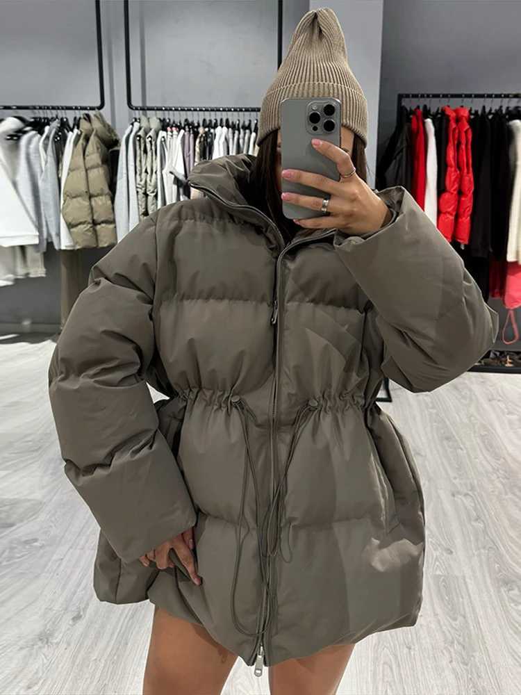 Women's Down Parkas Women Drawstring Waist Puffer Coat High Neck Zip Front Solid Color Padded Jacket 2026 Winter Trendy Casual Fashion Outer Ja