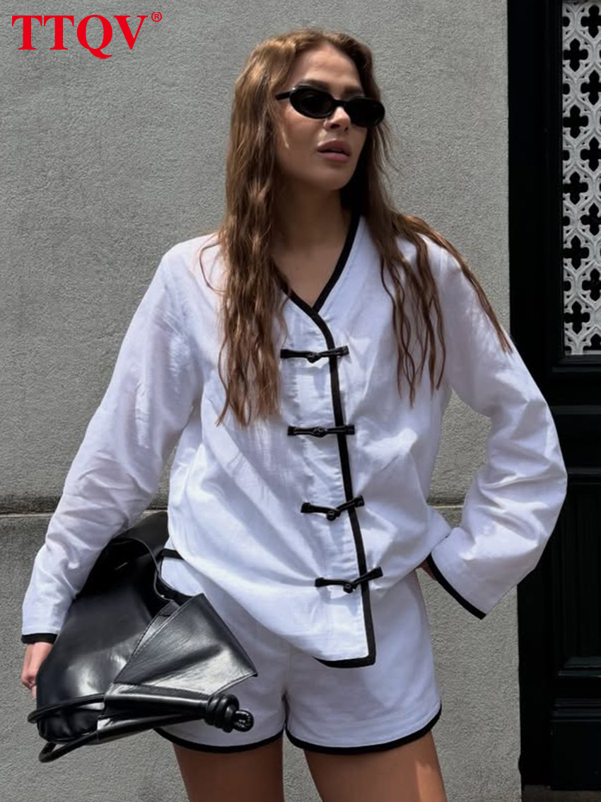2026 Casual Loose White Cotton Women's 2-Piece Sets 2027 Elegant Long Sleeve Shirt With High Waist Shorts Set Female Clothing