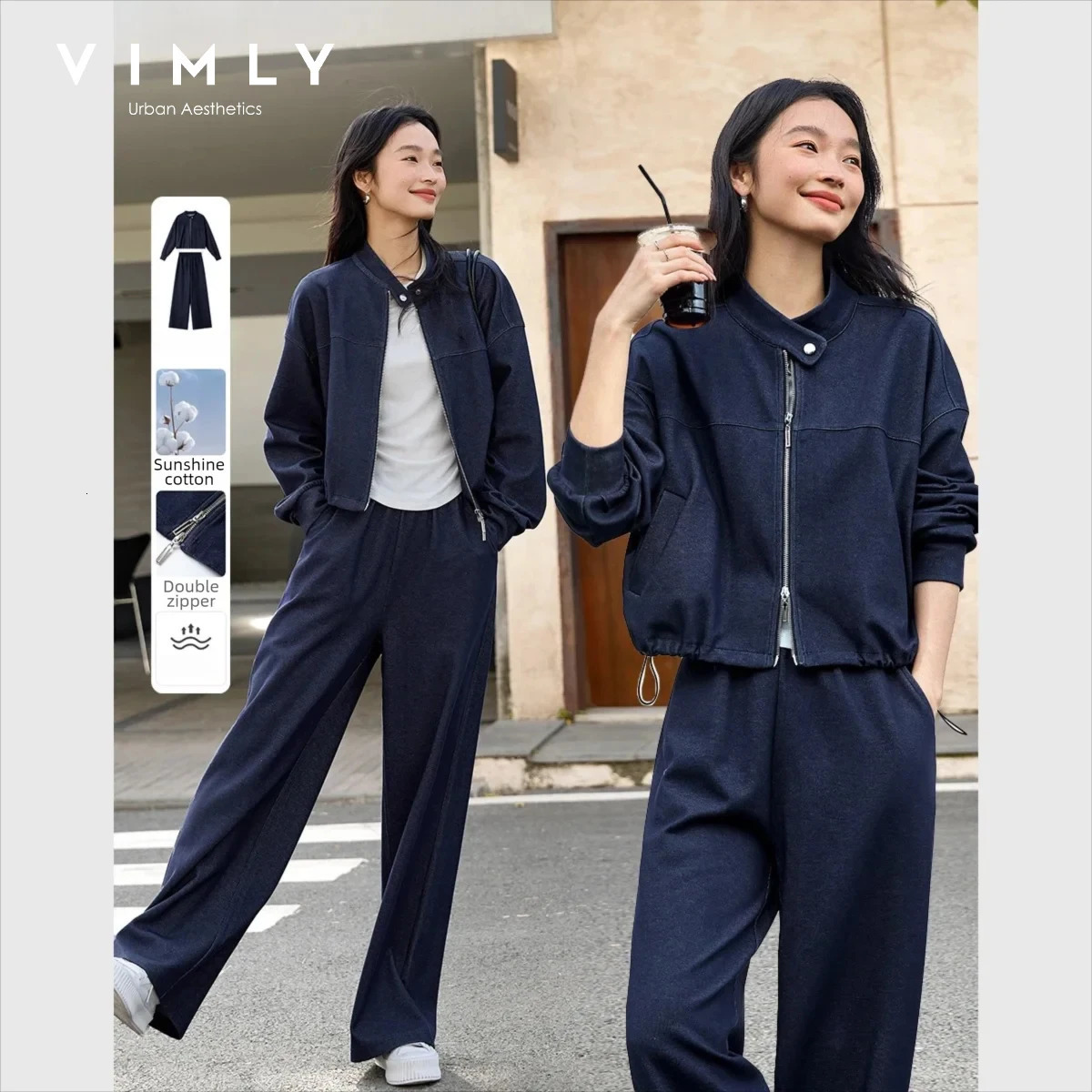 VIMLY 2 Piece Pant Set Woman Casual Outfits Womens Pant Suit 2026 Blue Standup Collar Jacket and Trouser Female Clothing A0119 261016