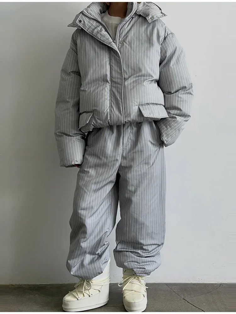 Stripe Womens Padded Cotton Coats Pant Suit Hooded Zipper Puffer Coat Loose Thick Pants 2026 Fashion Lady Autumn Winter Ski Set 261016