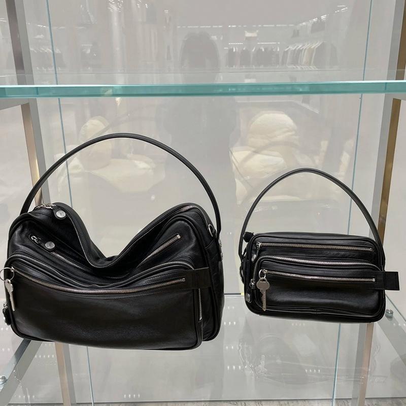 New Genuine Leather Bowling Bag Women Multi-Zipper Pocket Shoulder Bag Vintage Key Pendant Underarm Handbag Crossbody Purse