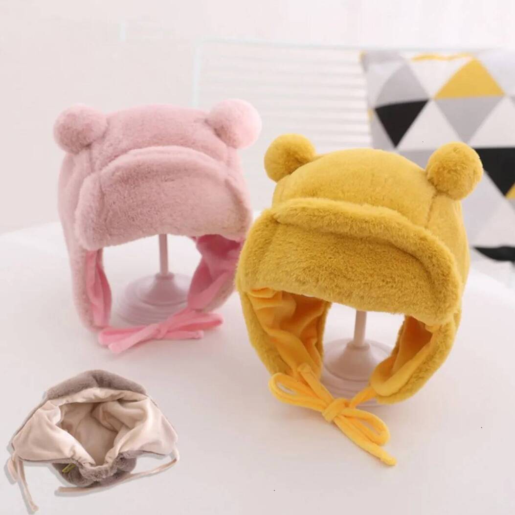 Kids Hats Kid Hair Accessories Caps Hats Cute Bear Baby Hat With Earflaps Winter Warm Baby Hair Clip Cute Lined Infant Girl Boy Beanies Cap Soft Fur