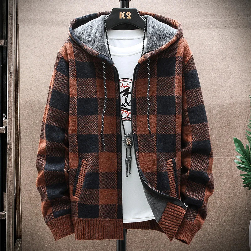 Men's Winter Plaid Sweater Hooded Cardigan Cold Coat Wool Zipper Jacket Autumn Fleece Warm Clothes Checkered Knit Jumper 261015