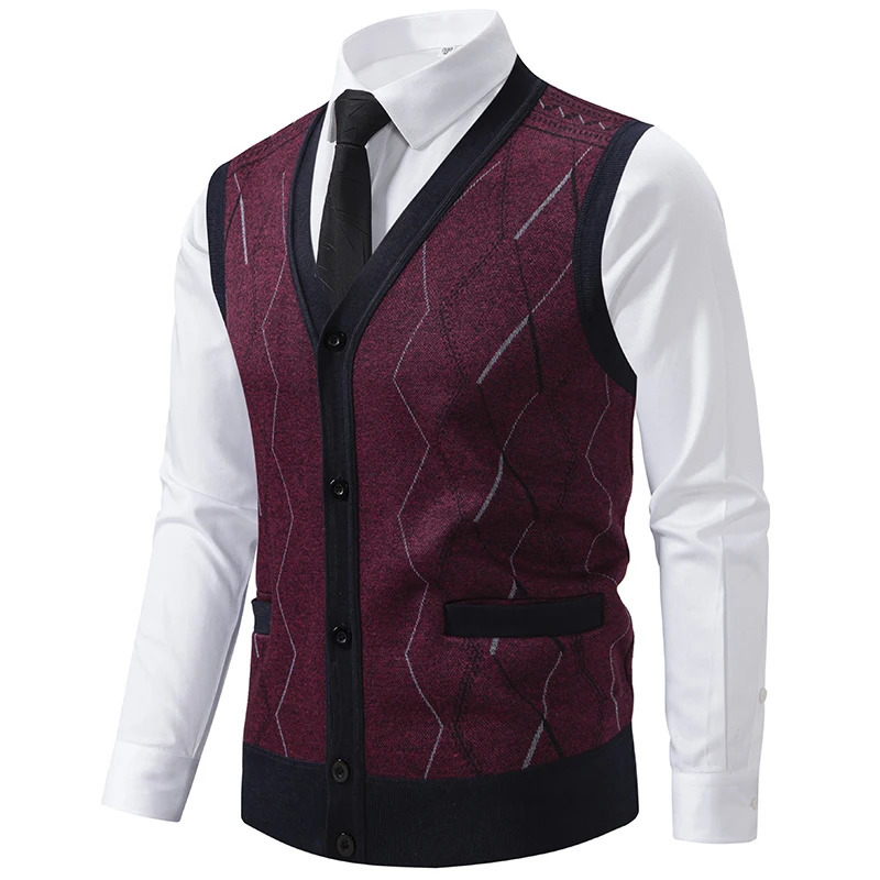 Men's Sweater Vest V-Neck Sleeveless Knitted Button Cardigan Contrast Waistcoat Autumn Winter Fleece Lined Knit Vests 261015