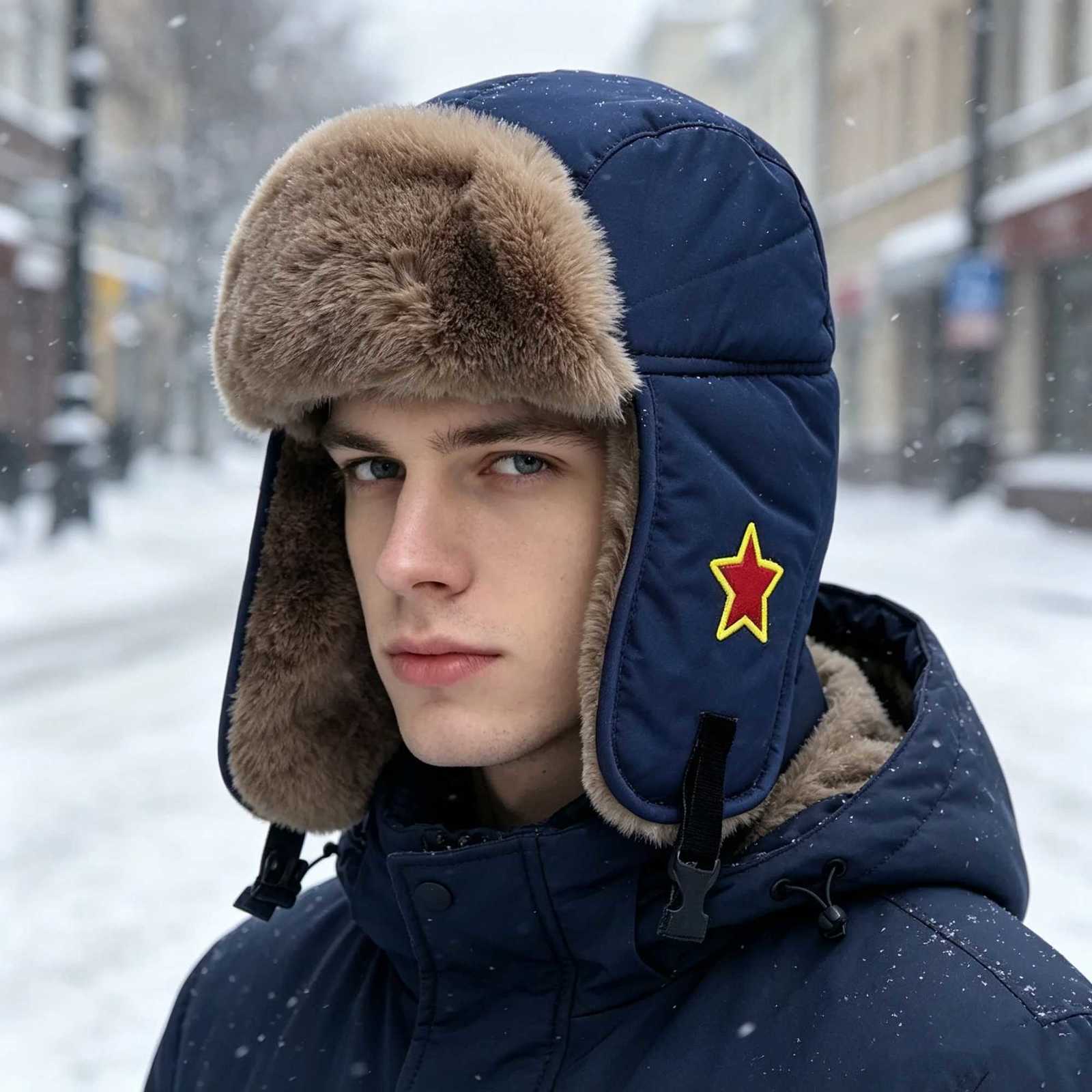Trapper Hats Men's Winter Ushanka Hat with Red Star Patch Faux Fur Lined Earflap Hat Windproof and Cold-Resistant Outdoor Ski Warm HatT261017